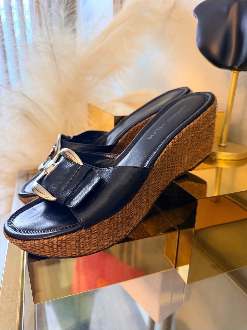 ✨ Antonio Melani Black Leather Raffia Wedge Mules | Platform Slide Sandals